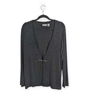 Chico's Travelers Stretch Black V-neck Single Knot Button Closure Size 2|Large